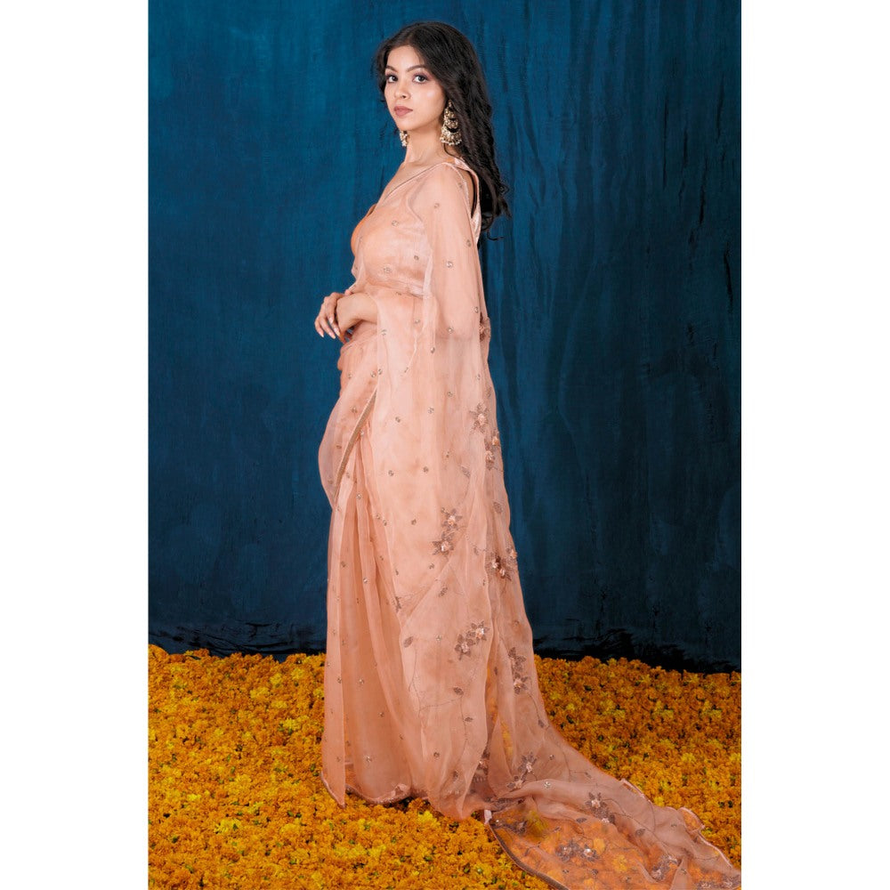 SAUBHAGYA Champagne Silk Organza Saree with Stitched Blouse