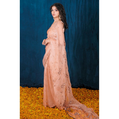 SAUBHAGYA Champagne Silk Organza Saree with Stitched Blouse