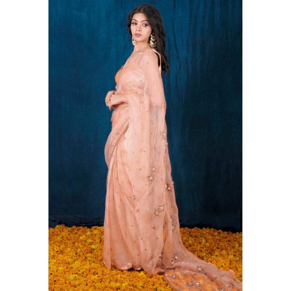 SAUBHAGYA Champagne Silk Organza Saree with Stitched Blouse