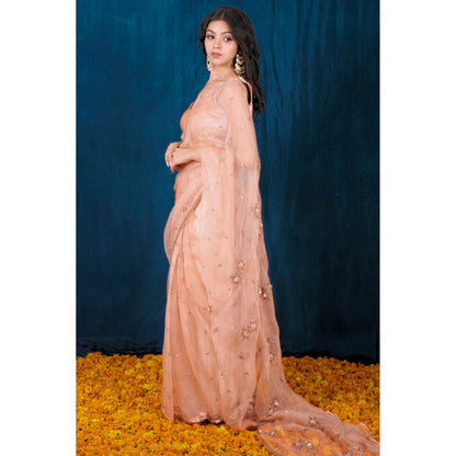 SAUBHAGYA Champagne Silk Organza Saree with Stitched Blouse
