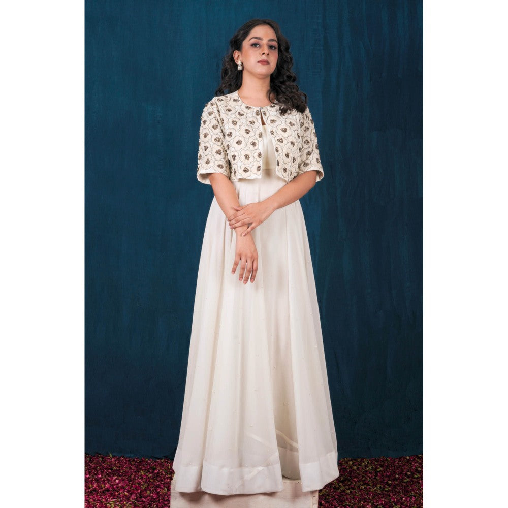 SAUBHAGYA Off-White Georgette Embellished Jacket and Dress (Set of 2)