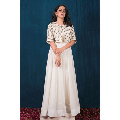 SAUBHAGYA Off-White Georgette Embellished Jacket and Dress (Set of 2)