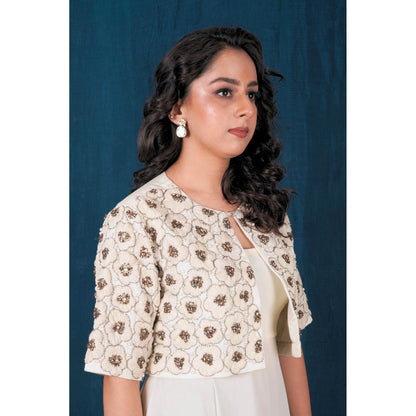 SAUBHAGYA Off-White Georgette Embellished Jacket and Dress (Set of 2)