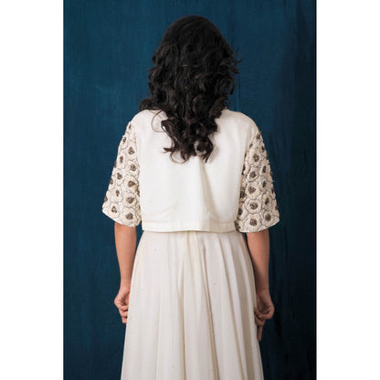 SAUBHAGYA Off-White Georgette Embellished Jacket and Dress (Set of 2)