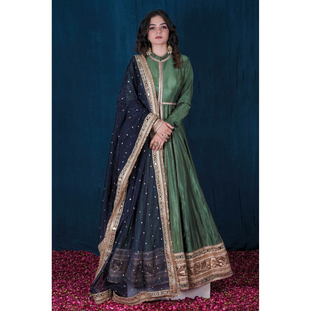 SAUBHAGYA Silk Front-Open Embellished Anarkali with Pant and Dupatta (Set of 3)