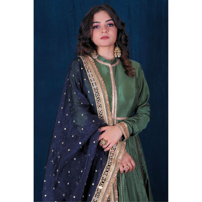SAUBHAGYA Silk Front-Open Embellished Anarkali with Pant and Dupatta (Set of 3)