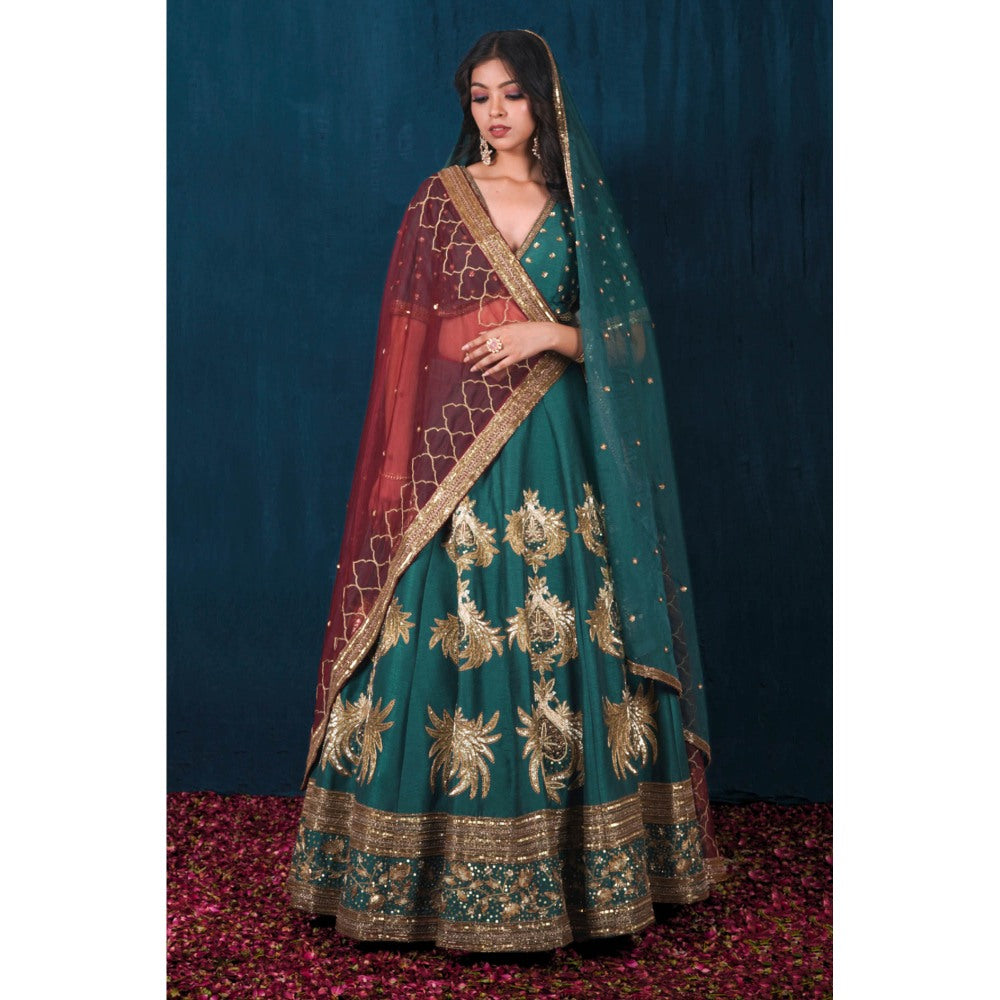 SAUBHAGYA Multicolor Silk Embellished Blouse with Lehenga and Veil Dupatta (Set of 4)