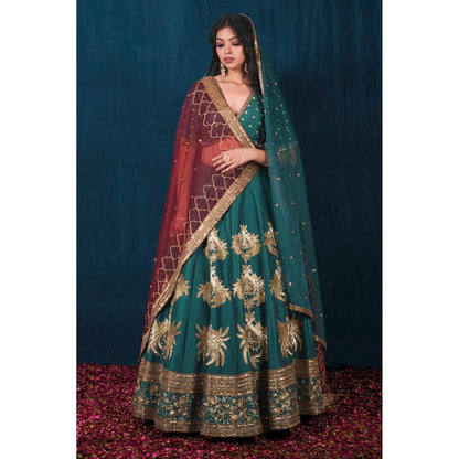 SAUBHAGYA Multicolor Silk Embellished Blouse with Lehenga and Veil Dupatta (Set of 4)