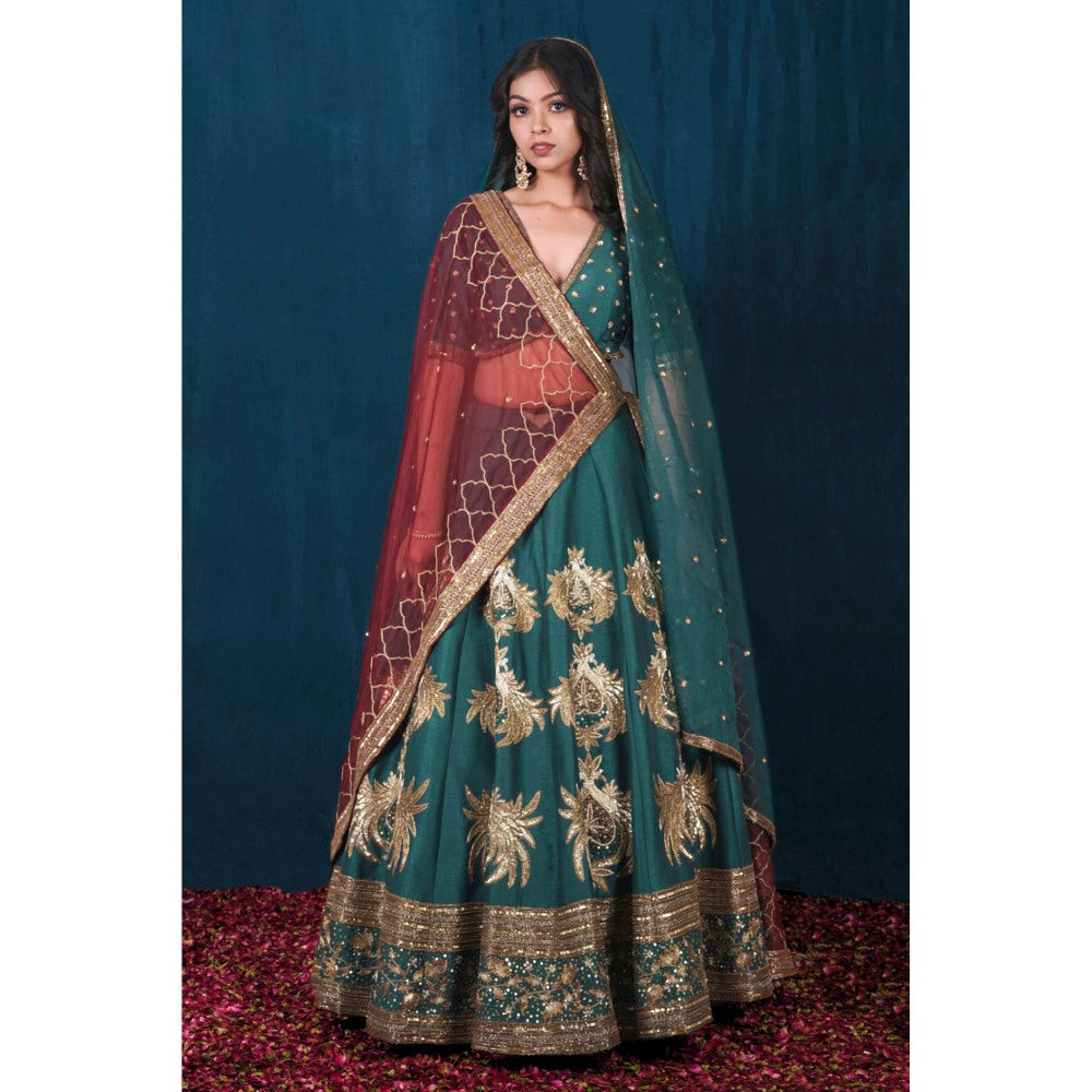 SAUBHAGYA Multicolor Silk Embellished Blouse with Lehenga and Veil Dupatta (Set of 4)