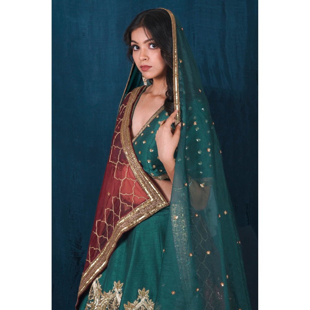 SAUBHAGYA Multicolor Silk Embellished Blouse with Lehenga and Veil Dupatta (Set of 4)