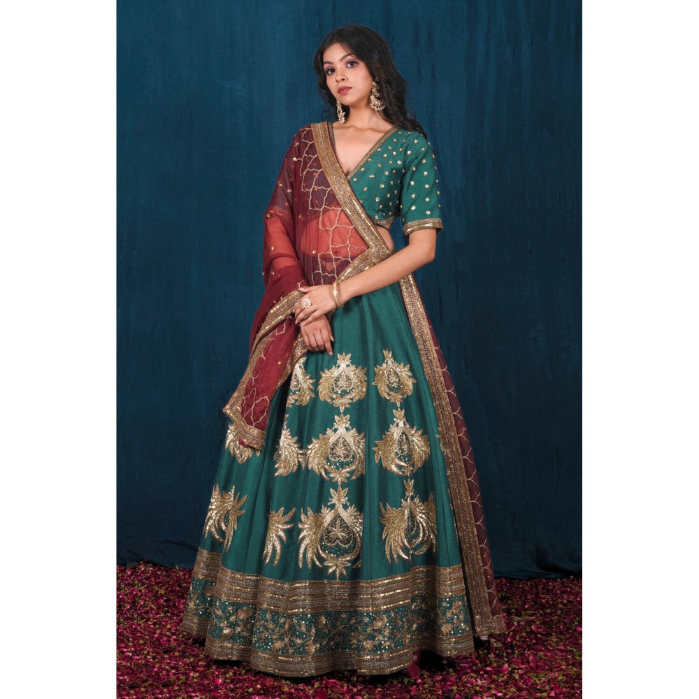SAUBHAGYA Multicolor Silk Embellished Blouse with Lehenga and Veil Dupatta (Set of 4)