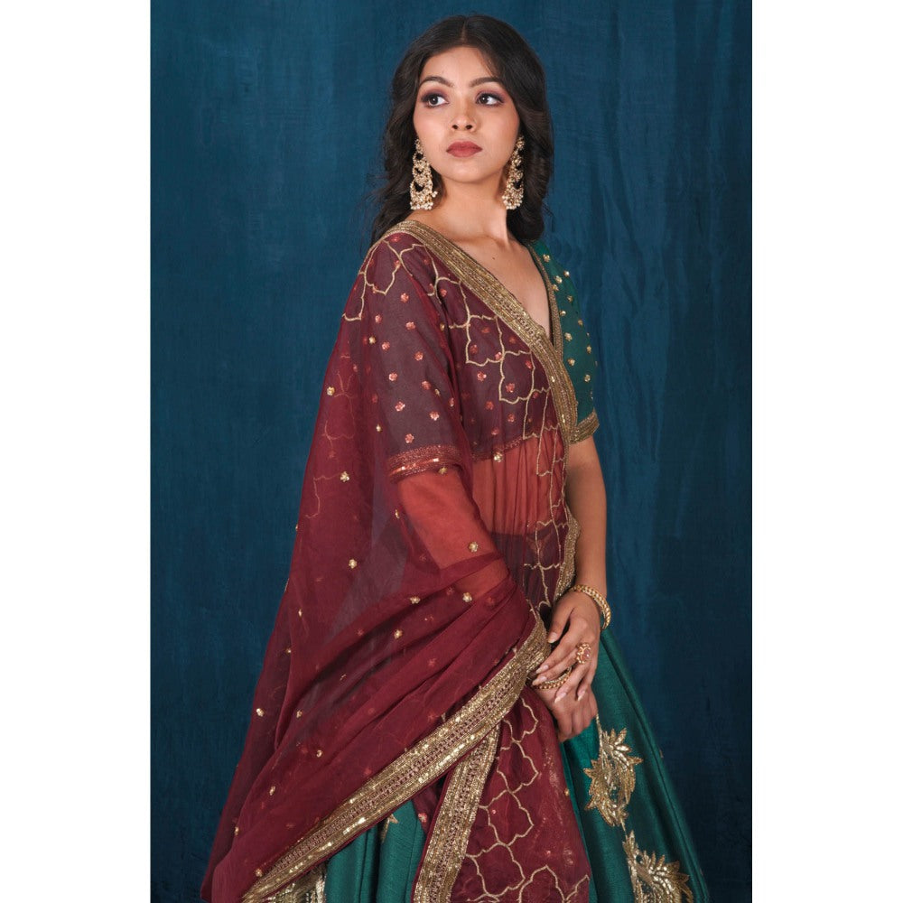 SAUBHAGYA Multicolor Silk Embellished Blouse with Lehenga and Veil Dupatta (Set of 4)