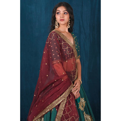 SAUBHAGYA Multicolor Silk Embellished Blouse with Lehenga and Veil Dupatta (Set of 4)