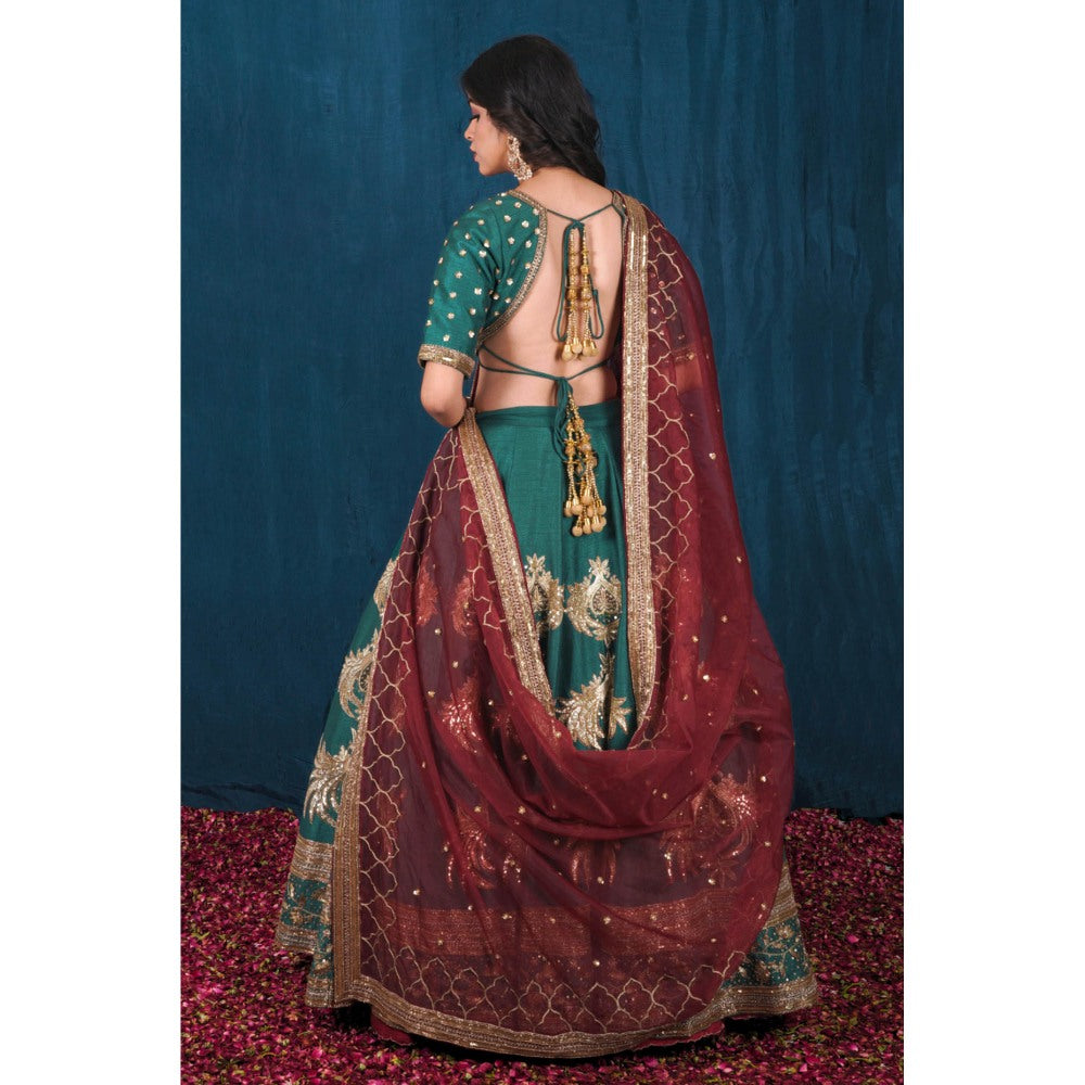 SAUBHAGYA Multicolor Silk Embellished Blouse with Lehenga and Veil Dupatta (Set of 4)