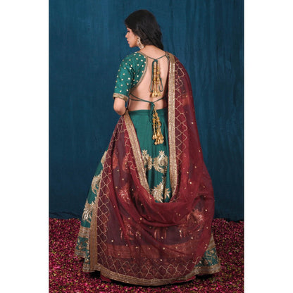 SAUBHAGYA Multicolor Silk Embellished Blouse with Lehenga and Veil Dupatta (Set of 4)