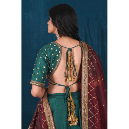 SAUBHAGYA Multicolor Silk Embellished Blouse with Lehenga and Veil Dupatta (Set of 4)