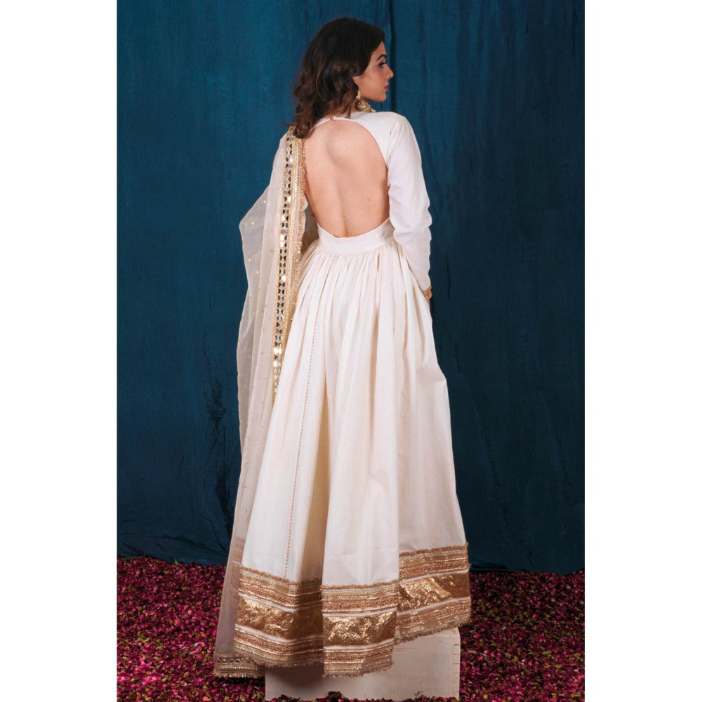 SAUBHAGYA Off-White and Gold Upada Silk Anarkali with Heavy Dupatta (Set of 2)