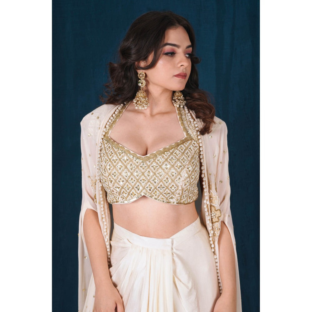 SAUBHAGYA Off-White Embellished Blouse with Drape Skirt and Cape (Set of 3)