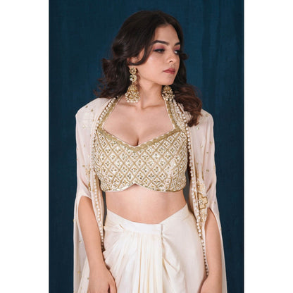 SAUBHAGYA Off-White Embellished Blouse with Drape Skirt and Cape (Set of 3)