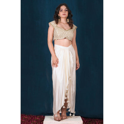 SAUBHAGYA Off-White Embellished Blouse with Drape Skirt (Set of 2)
