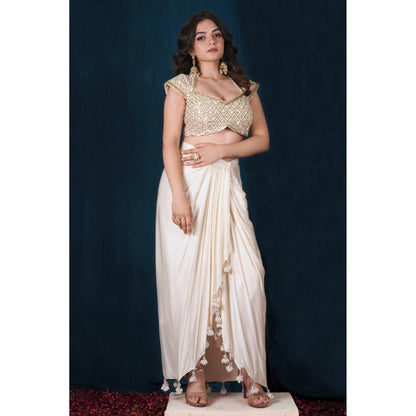 SAUBHAGYA Off-White Embellished Blouse with Drape Skirt (Set of 2)