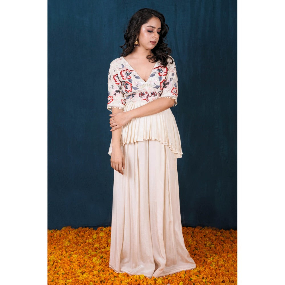 SAUBHAGYA Off-White Indo Western Embordered Peplum Kurta and Sharara (Set of 2)