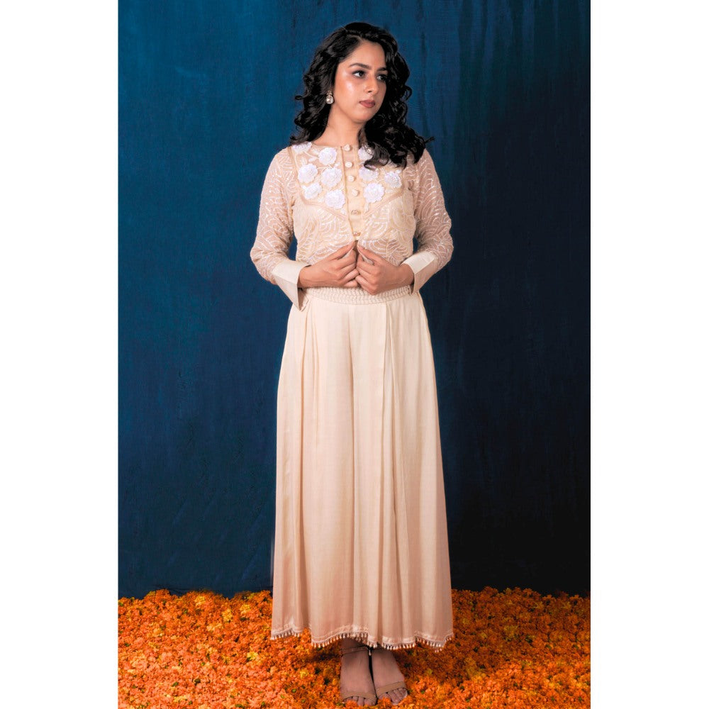 SAUBHAGYA Off-White Organza Jacket with Inner and Palazzo (Set of 3)