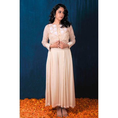 SAUBHAGYA Off-White Organza Jacket with Inner and Palazzo (Set of 3)