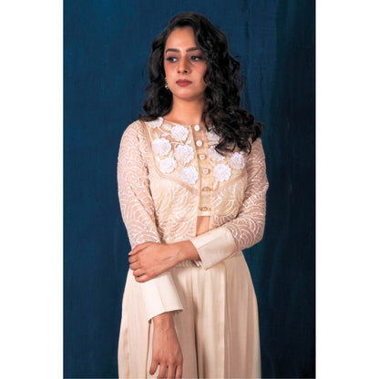 SAUBHAGYA Off-White Organza Jacket with Inner and Palazzo (Set of 3)