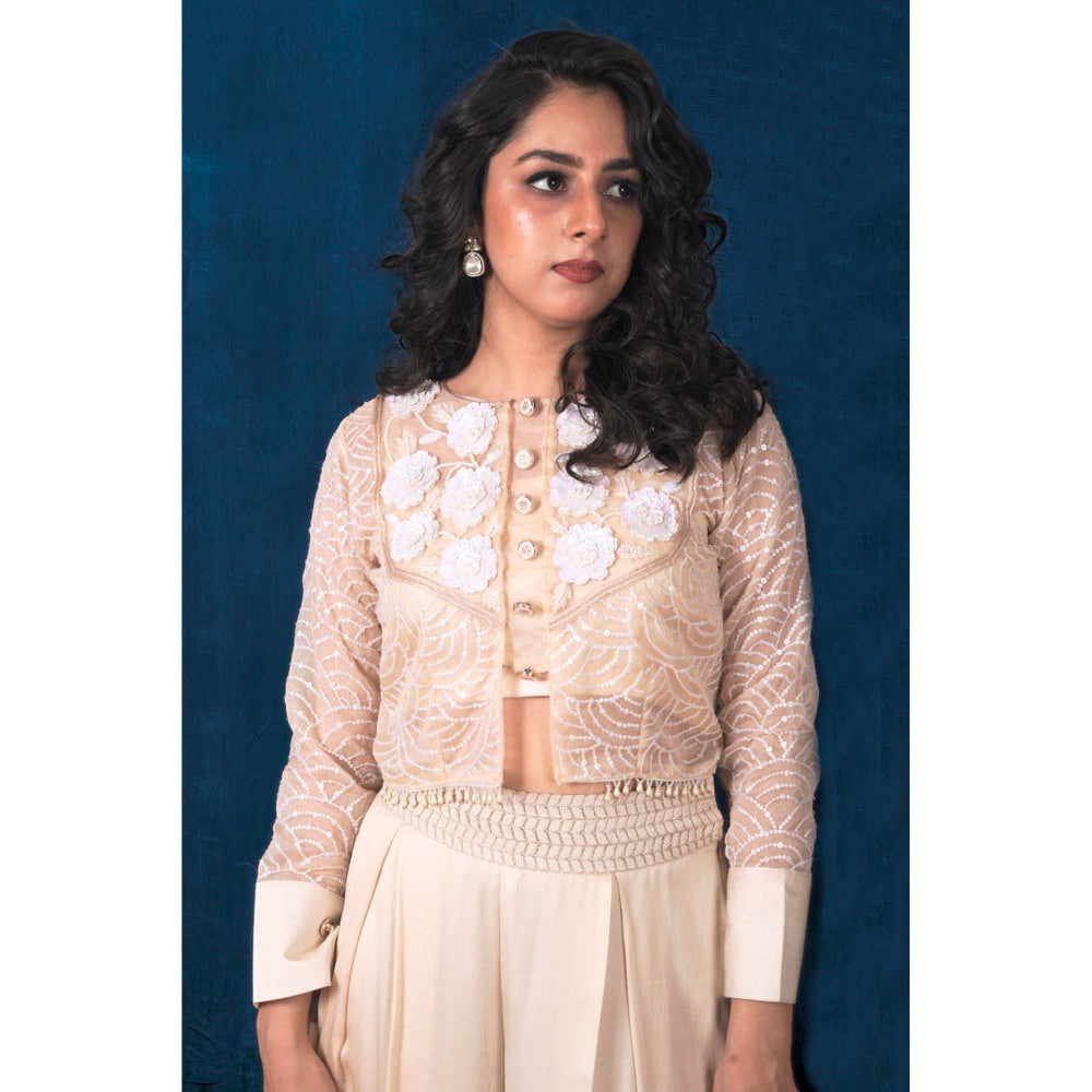 SAUBHAGYA Off-White Organza Jacket with Inner and Palazzo (Set of 3)