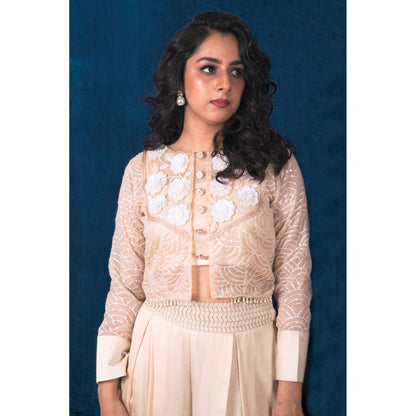 SAUBHAGYA Off-White Organza Jacket with Inner and Palazzo (Set of 3)