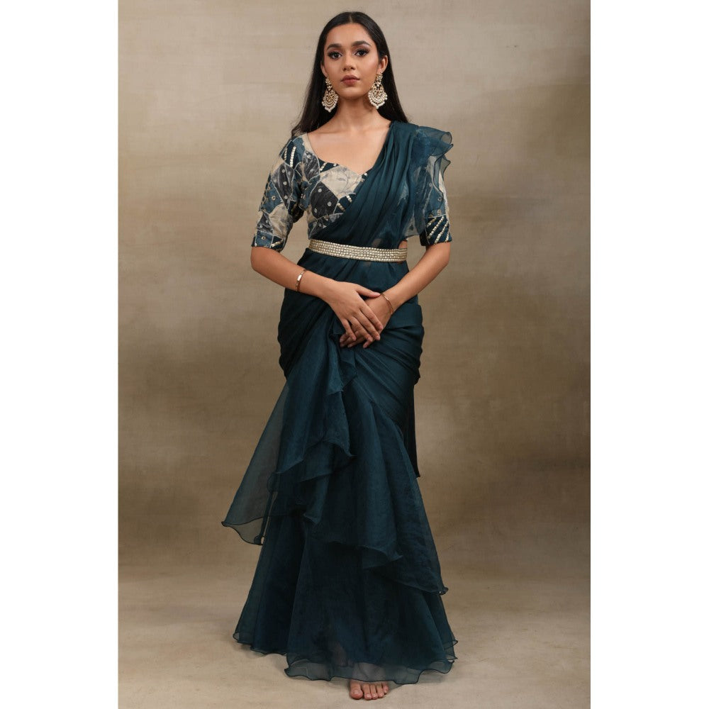 SAUBHAGYA Teal Embellished Pre Drape Saree and Belt with Stitched Blouse