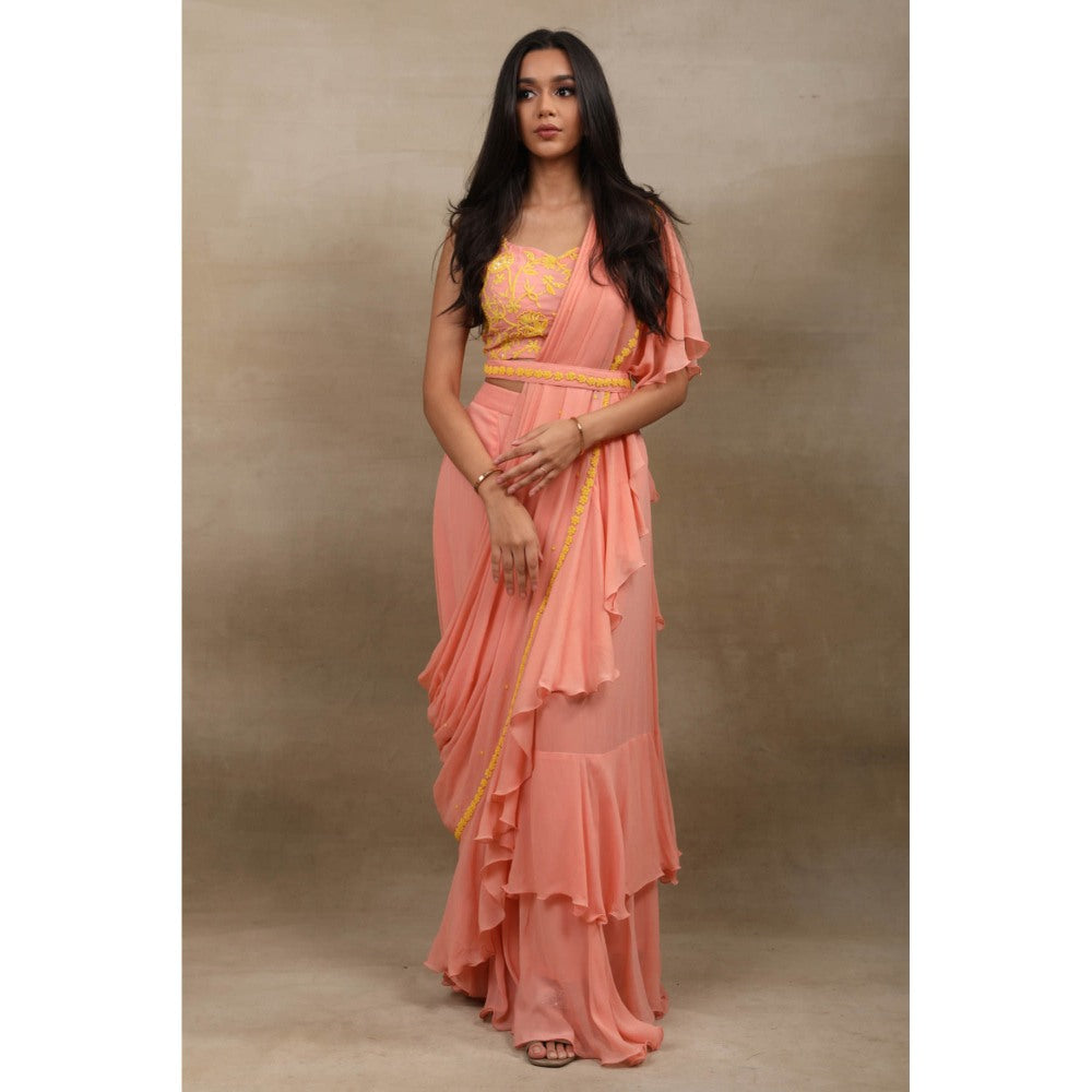 SAUBHAGYA Peach Viscose Pre-Draped Saree with Stitched Blouse