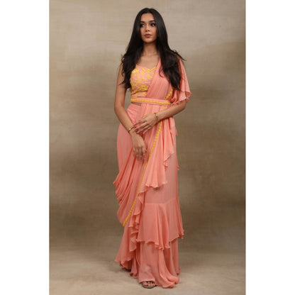 SAUBHAGYA Peach Viscose Pre-Draped Saree with Stitched Blouse
