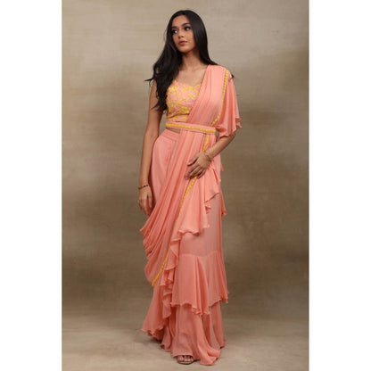SAUBHAGYA Peach Viscose Pre-Draped Saree with Stitched Blouse
