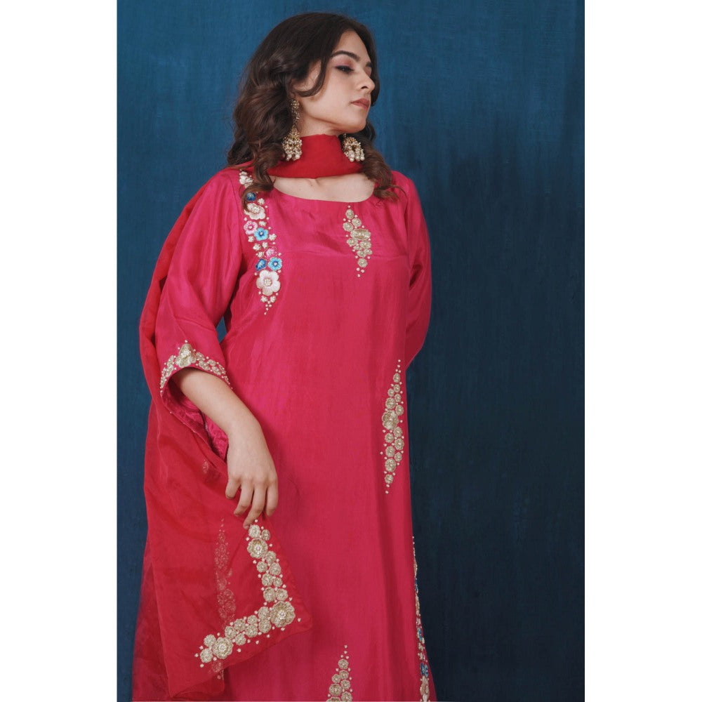 SAUBHAGYA Pink Upada Silk Kurta with Pant and Dupatta (Set of 3)