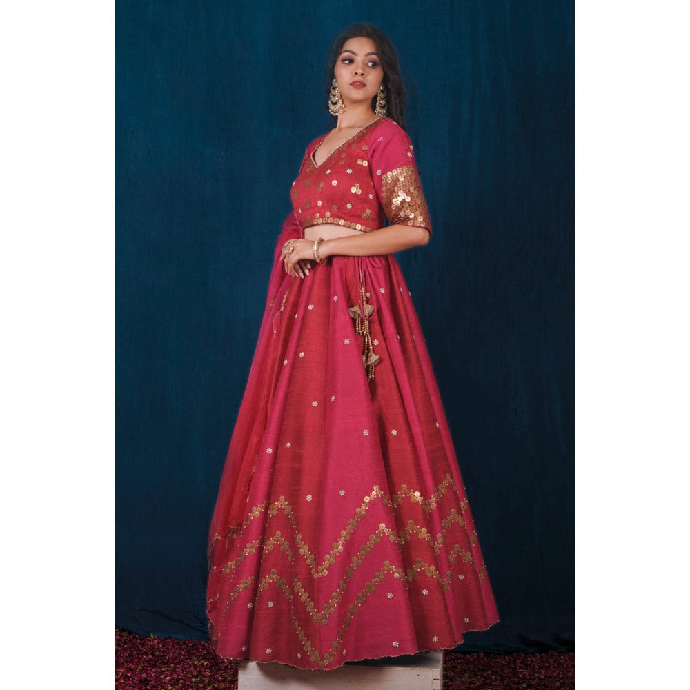SAUBHAGYA Raw Silk Pink Embellished Blouse with Lehenga and Dupatta (Set of 3)