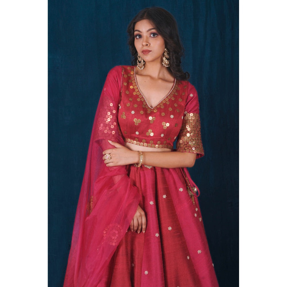 SAUBHAGYA Raw Silk Pink Embellished Blouse with Lehenga and Dupatta (Set of 3)