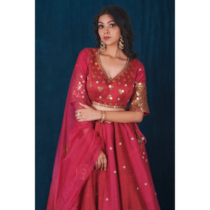 SAUBHAGYA Raw Silk Pink Embellished Blouse with Lehenga and Dupatta (Set of 3)