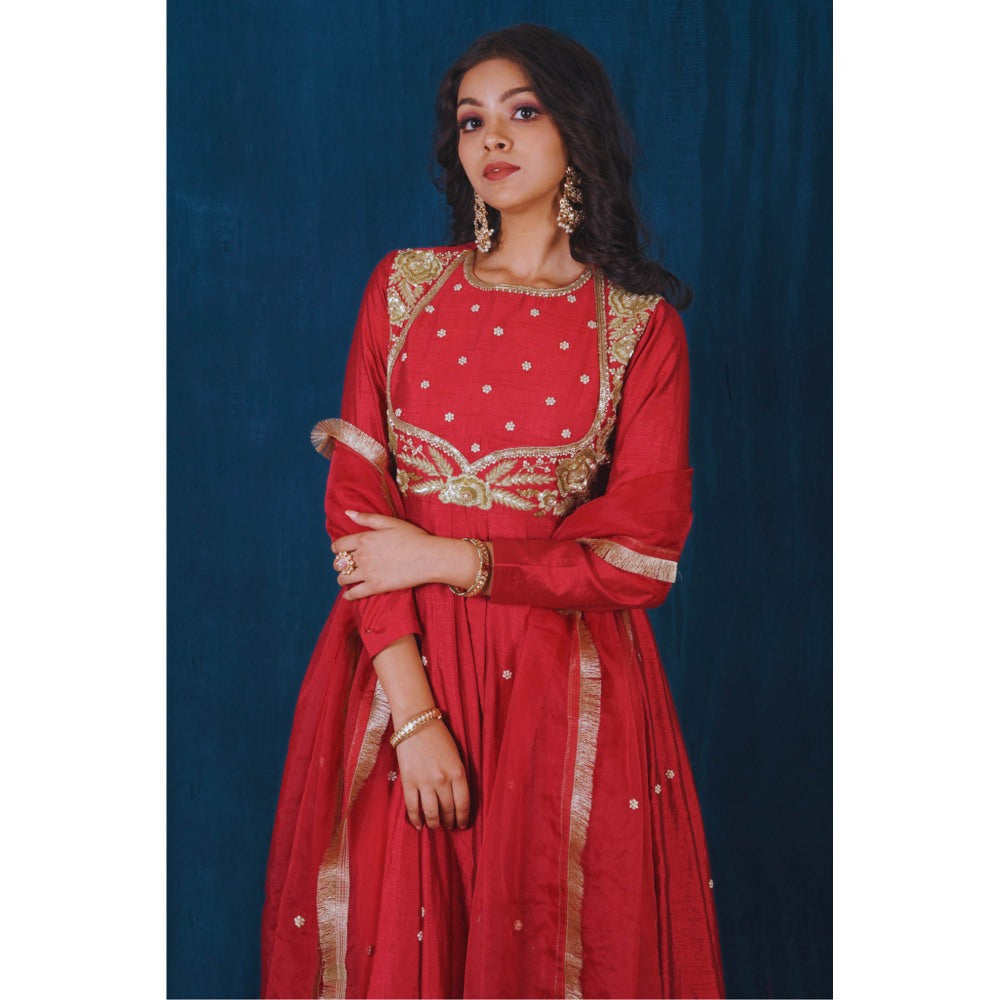 SAUBHAGYA Red Embroidered Anarkali and Dupatta (Set of 2)