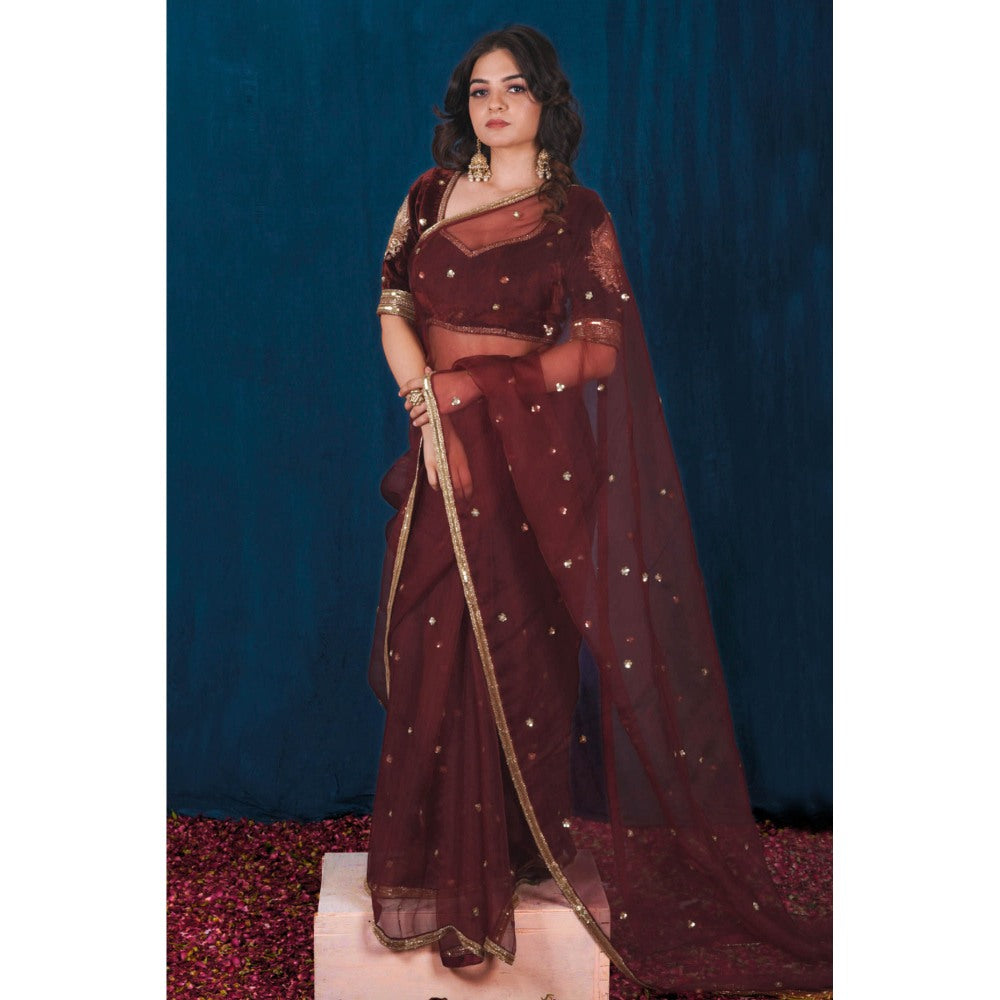 SAUBHAGYA Maroon Velvet Organza Saree with Stitched Blouse