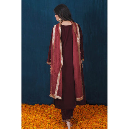 SAUBHAGYA Maroon Velvet Kurta with Pant and Dupatta (Set of 3)