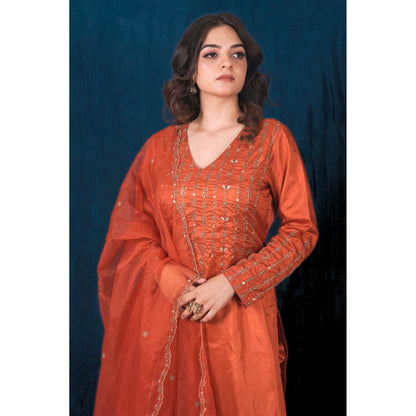 SAUBHAGYA Orange Silk Kurta with Pant and Dupatta (Set of 3)