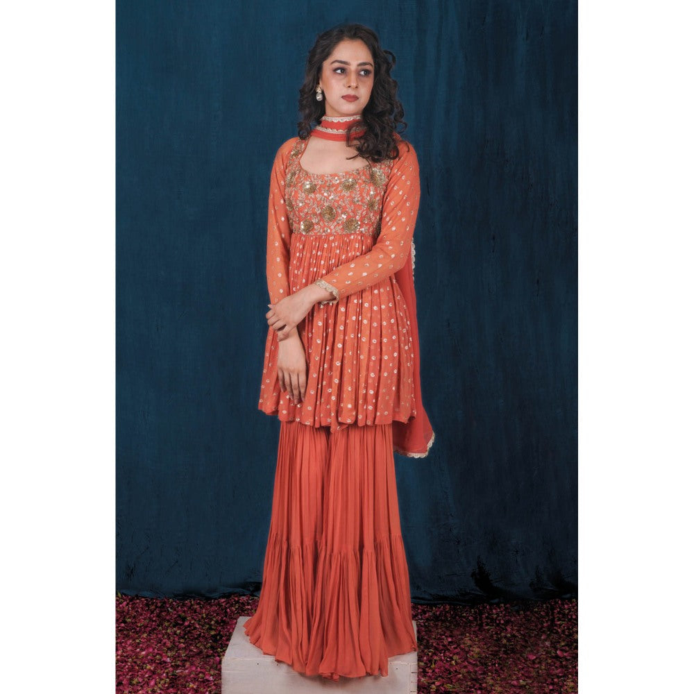 SAUBHAGYA Rust Banarasi Georgette Peplum Kurta with Sharara and Dupatta (Set of 3)