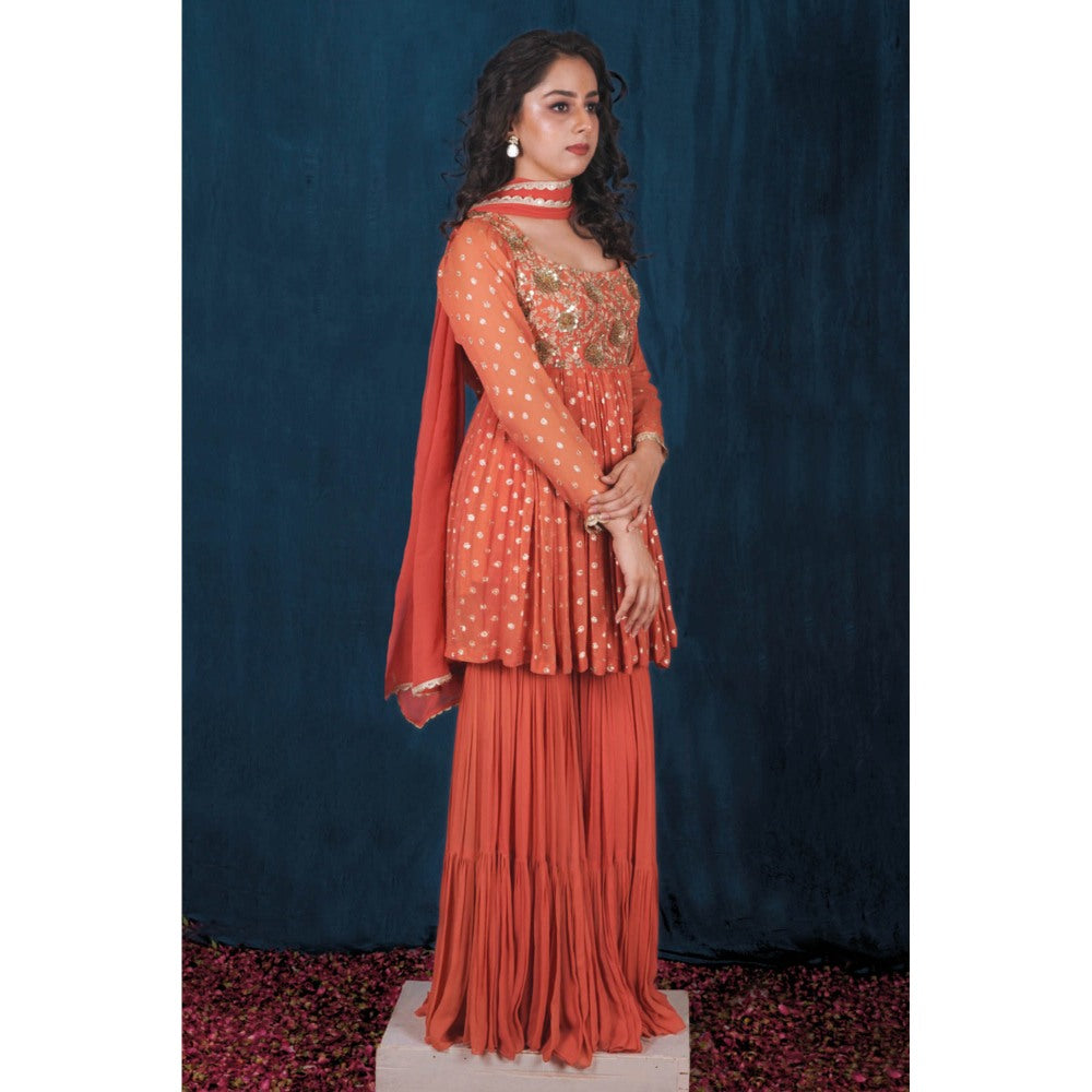 SAUBHAGYA Rust Banarasi Georgette Peplum Kurta with Sharara and Dupatta (Set of 3)