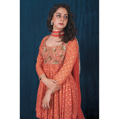 SAUBHAGYA Rust Banarasi Georgette Peplum Kurta with Sharara and Dupatta (Set of 3)