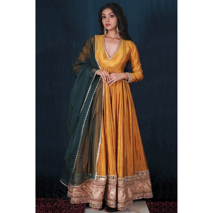 SAUBHAGYA Mustard Silk Gota Work Anarkali and Dupatta (Set of 2)