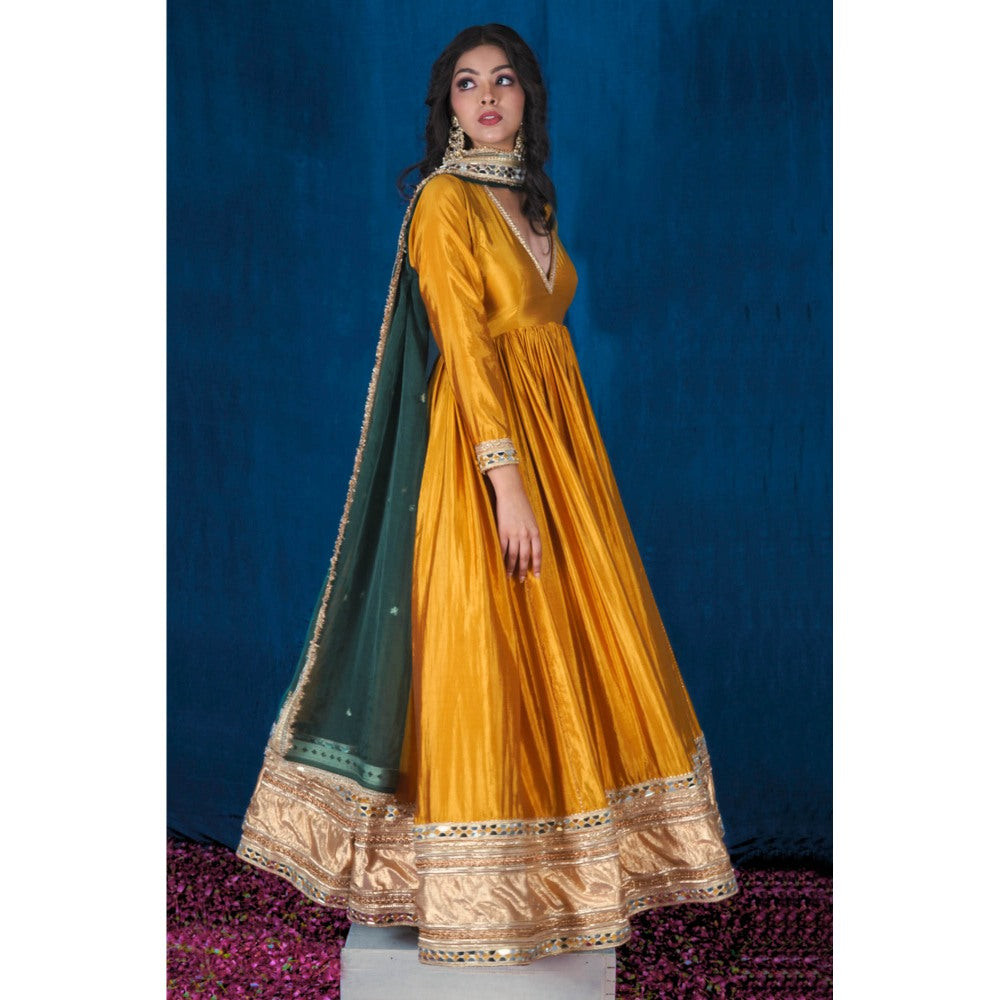 SAUBHAGYA Mustard Silk Gota Work Anarkali and Dupatta (Set of 2)