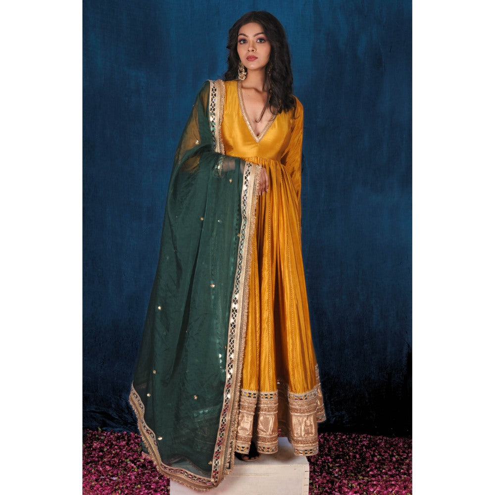 SAUBHAGYA Mustard Silk Gota Work Anarkali and Dupatta (Set of 2)