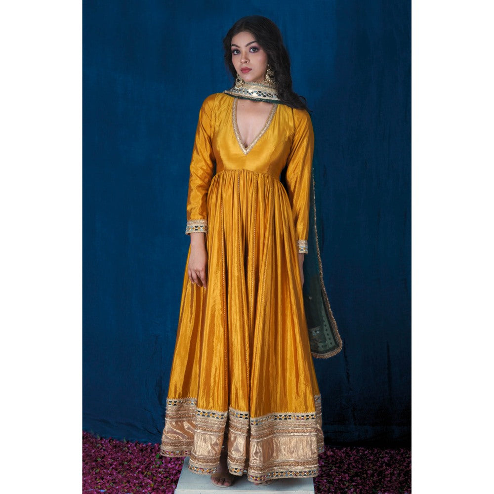 SAUBHAGYA Mustard Silk Gota Work Anarkali and Dupatta (Set of 2)